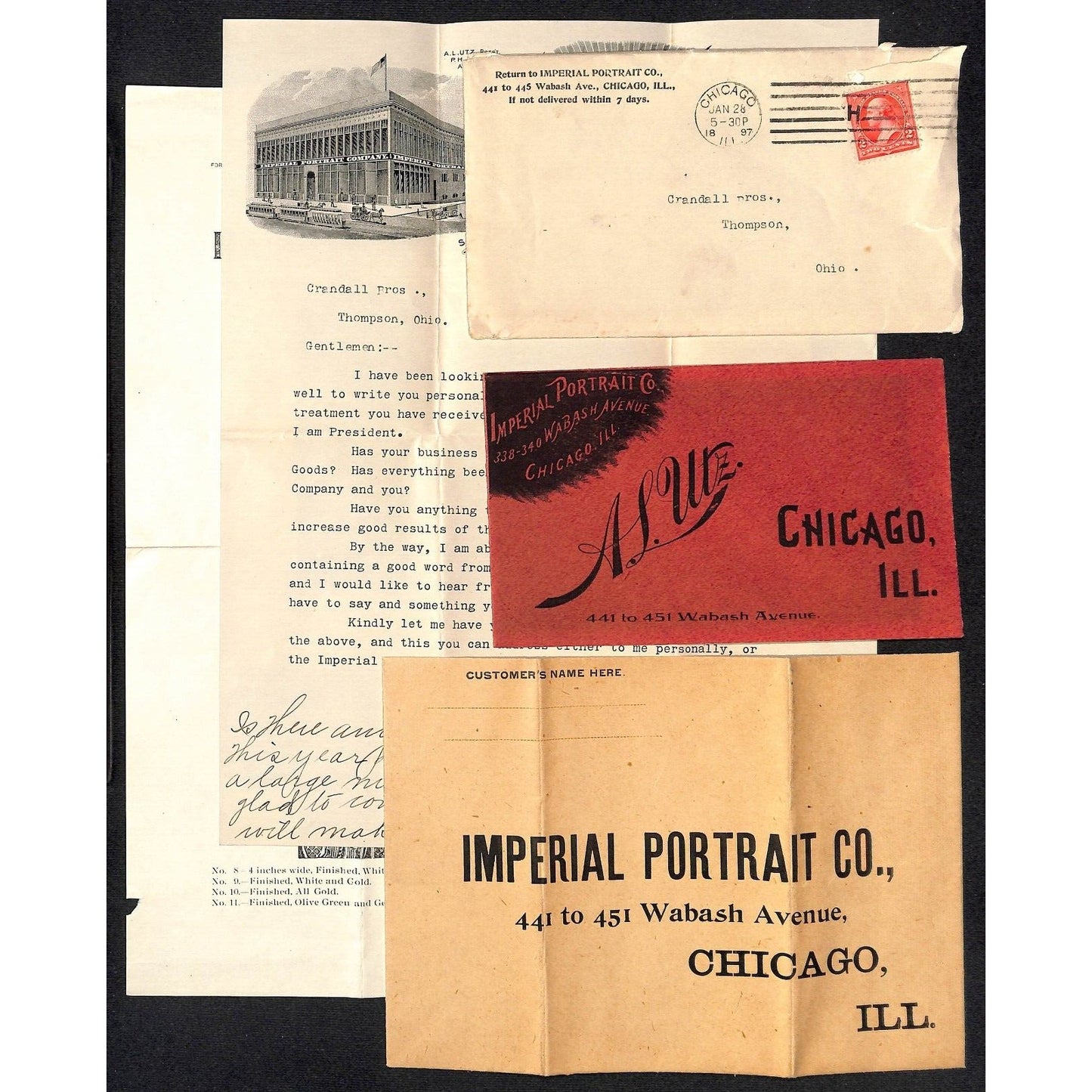 Imperial Portrait Co. Chicago 1897 Letterhead, Frame Brochure Return Envelopes