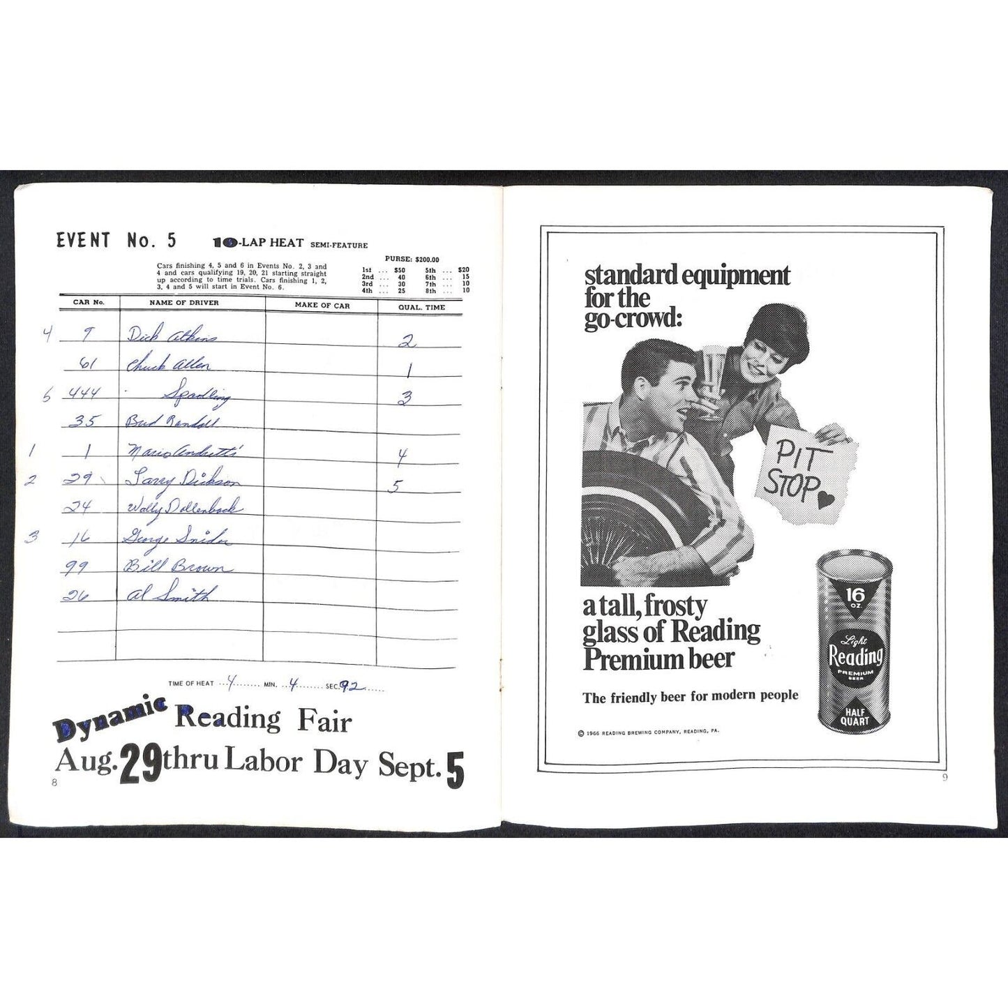 Reading Fairgrounds 1966 USAC Auto Races Program Sprint Car 8p* Scarce VGC Mario