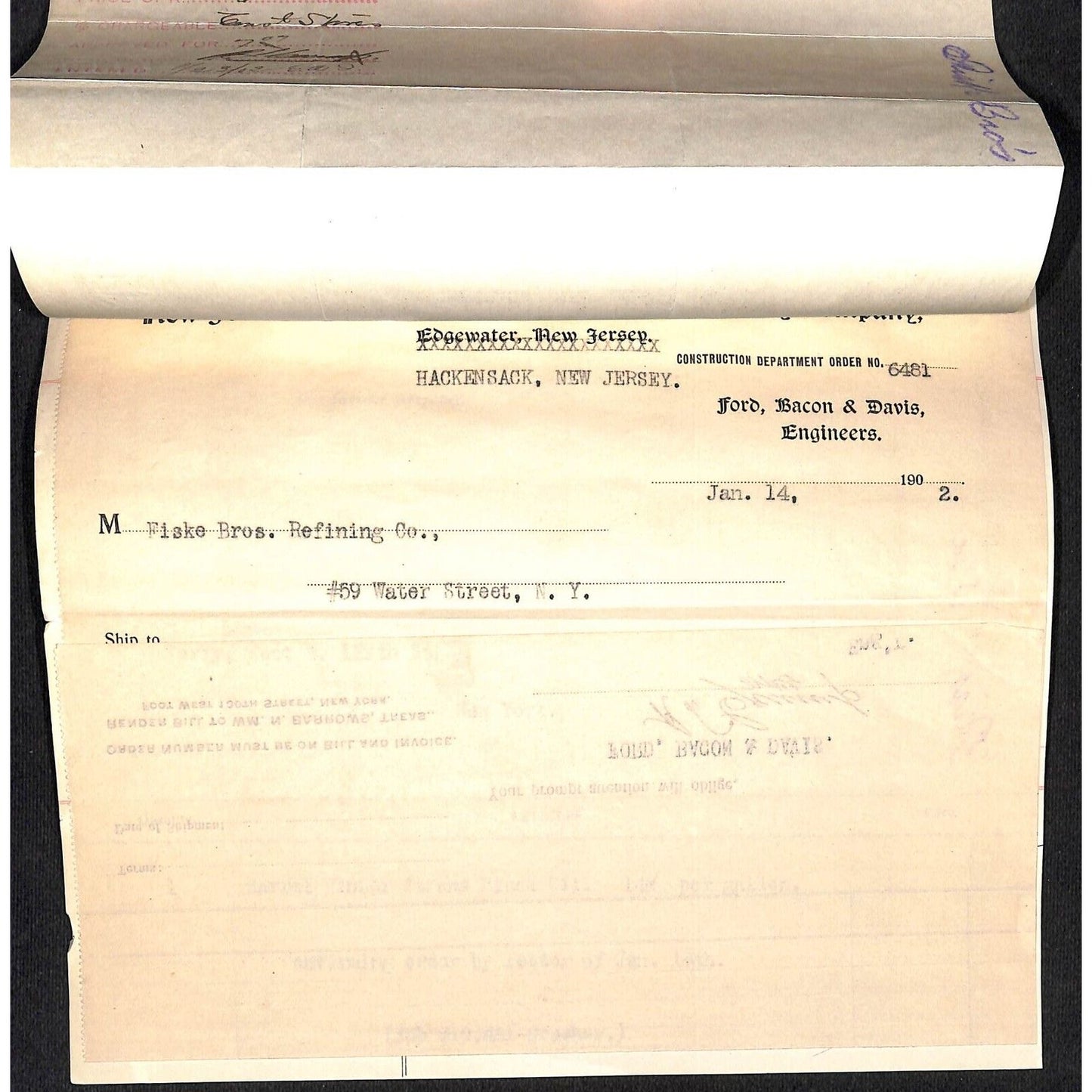 Fiske Brothers Refining Co NYC 1902 Billhead to NJ & HR Ry & Ferry - 3 Pieces