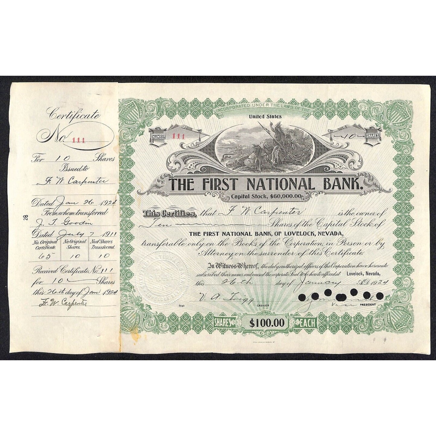 First National Bank of Lovelock, NV 1924 Stock Certificate to L.N. Carpenter ?*