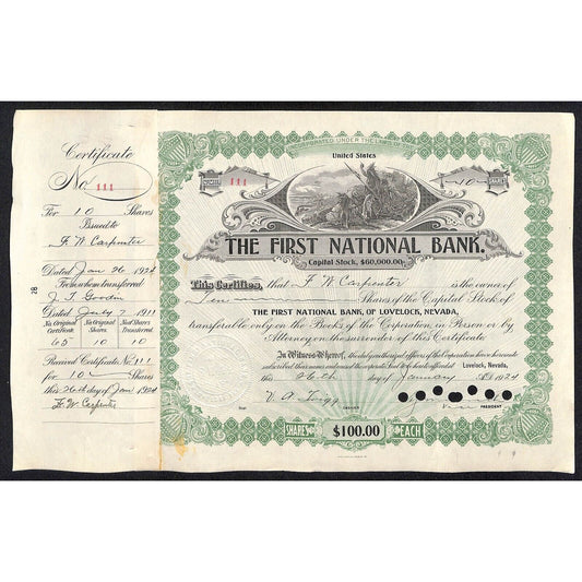 First National Bank of Lovelock, NV 1924 Stock Certificate to L.N. Carpenter ?*