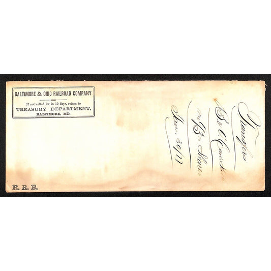 Baltimore & Ohio Railroad Company c1877 Envelope w/ "Transfers B&O 93 Shares"