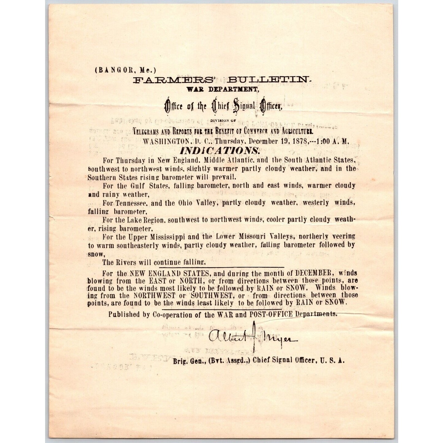 Bangor, ME Chief Signal Office, War Department Farmers' Bulletin - Dec. 19, 1878