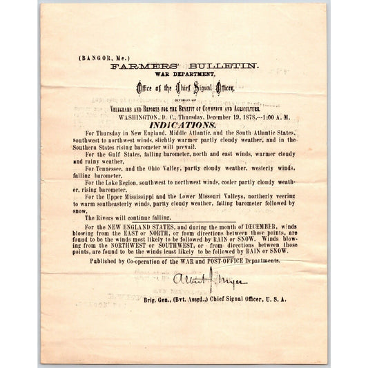 Bangor, ME Chief Signal Office, War Department Farmers' Bulletin - Dec. 19, 1878