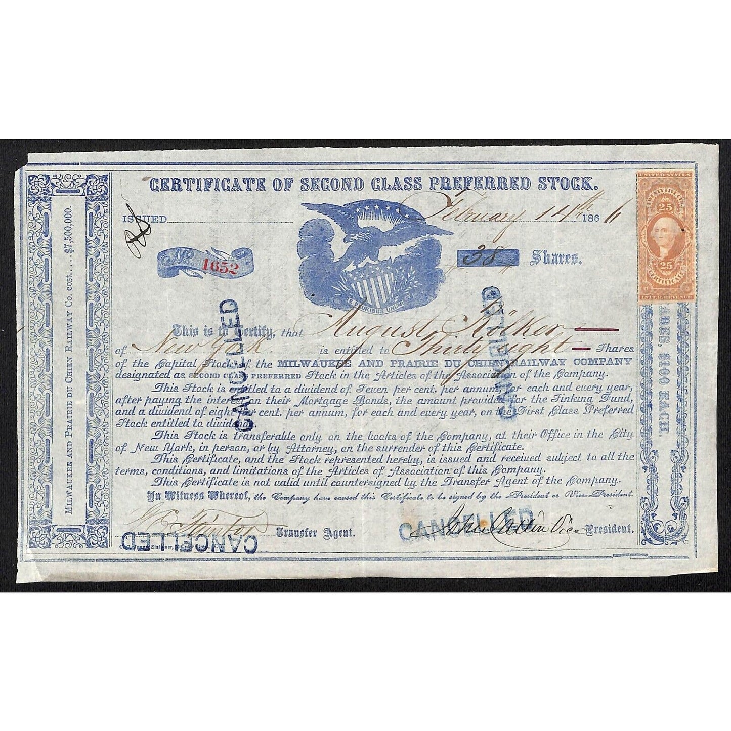 Milwaukee and Prairie Du Chien Railway 186x ? Stock Certificate 2nd Class #1652