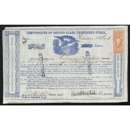Milwaukee and Prairie Du Chien Railway 186x ? Stock Certificate 2nd Class #1652