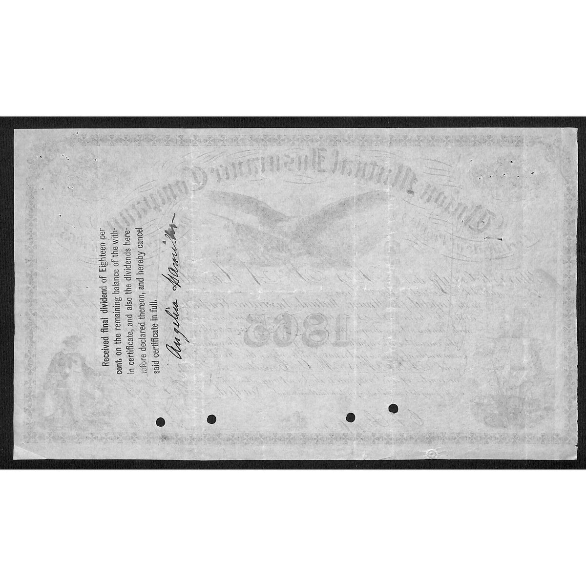Union Mutual Insurance NY 1865 "Certificate of Profits" to Mrs. M.A Hamilton ?