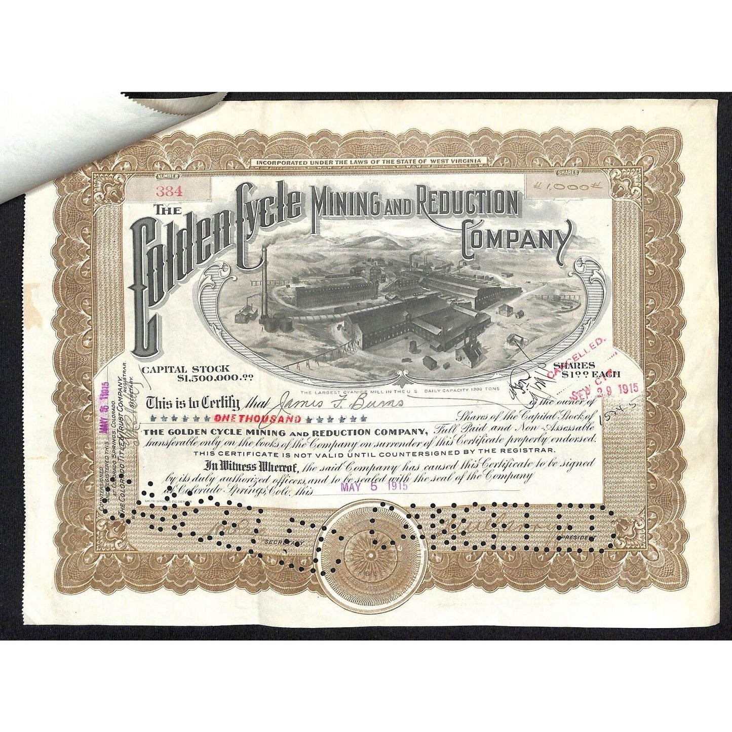 Golden Cycle Mining 1915 Stock Certificate w/ James F. Burns Sig. #384