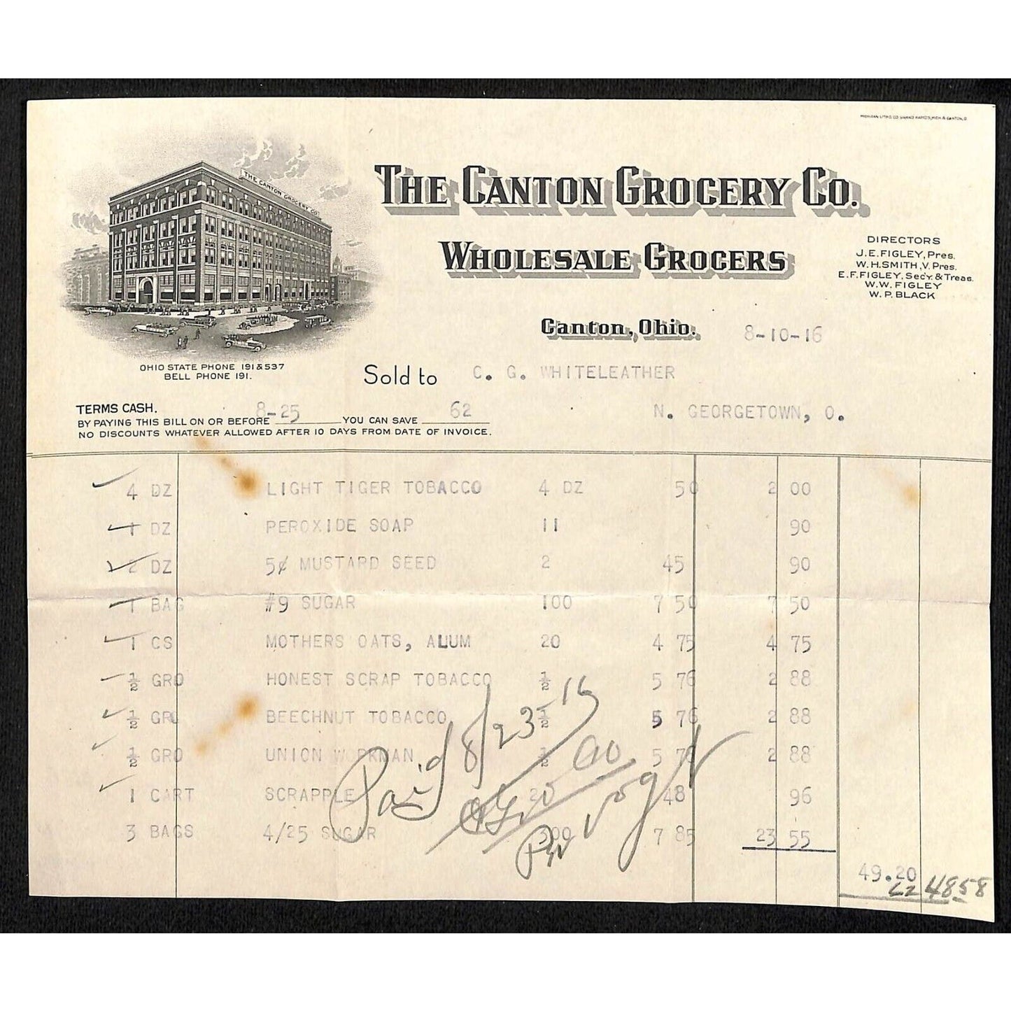Canton Grocery Co. Ohio 1916 Billhead Whiteleather* N. Georgetown, OH