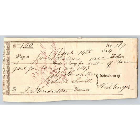 1844 Jabez Knowlton* Newburgh ME Town Check for Use of ? Yard for .. Year 1843