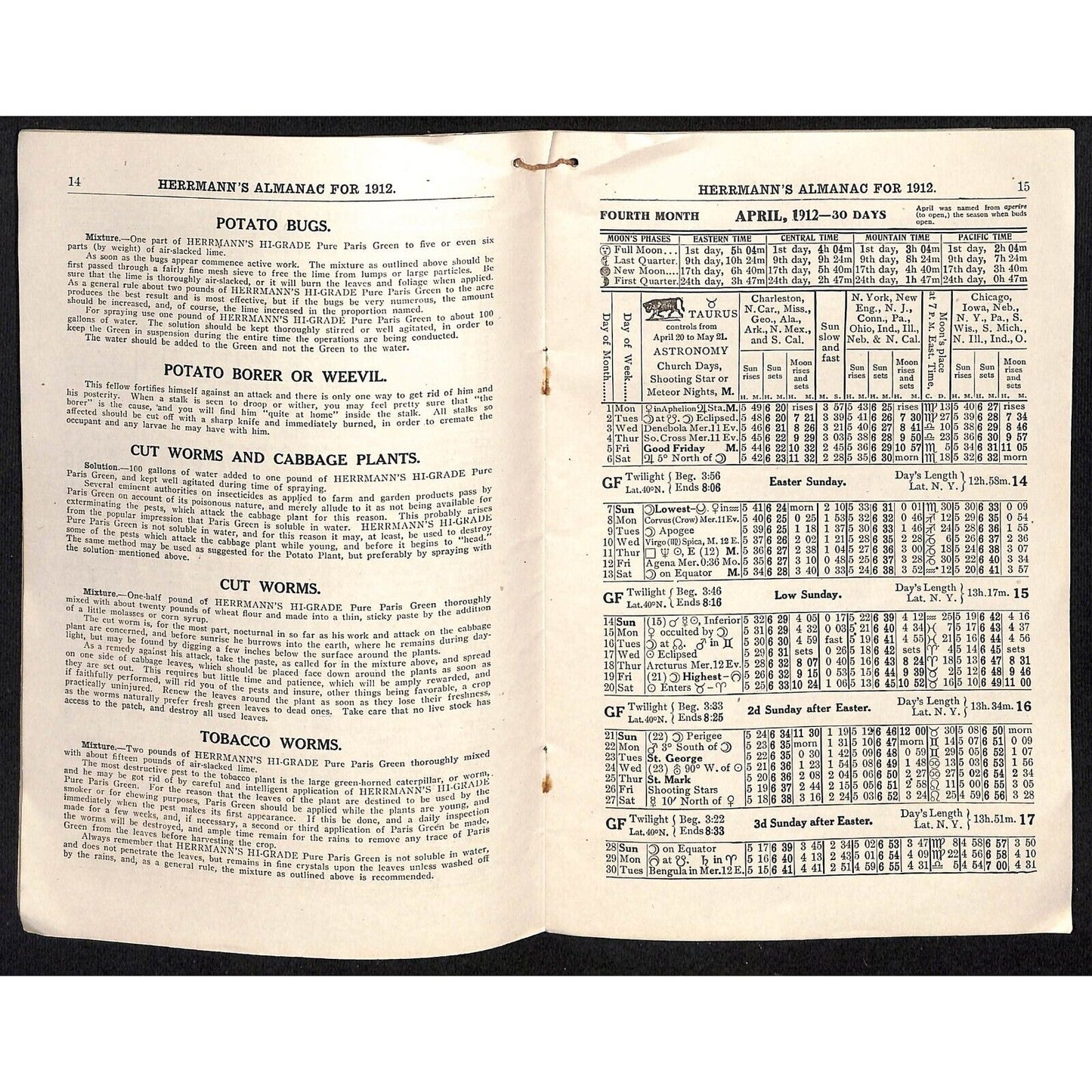 Herrmann's 1912 Almanac w/ Insecticide Extermination Notes 32pp Scarce