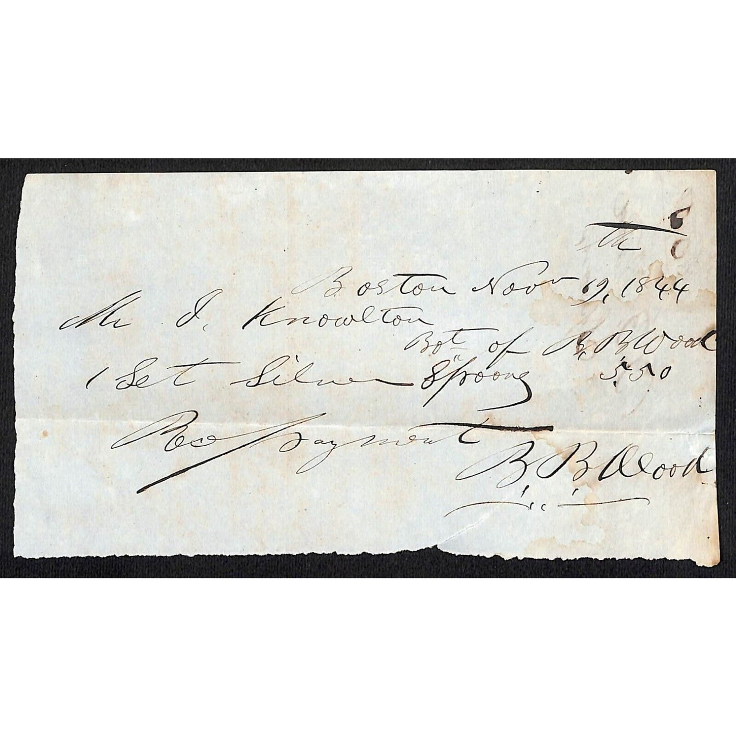 1844 Jabez Knowlton* Newburgh, ME General Store Receipt for Set of Silver Spoons