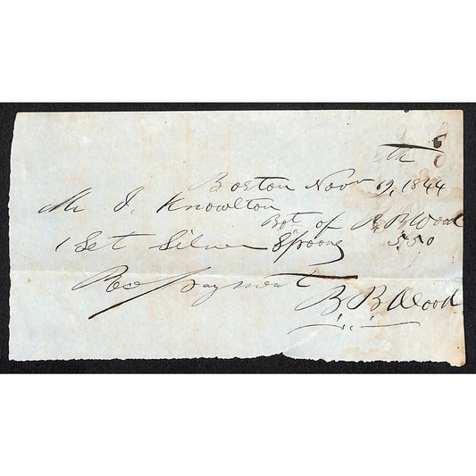 1844 Jabez Knowlton* Newburgh, ME General Store Receipt for Set of Silver Spoons