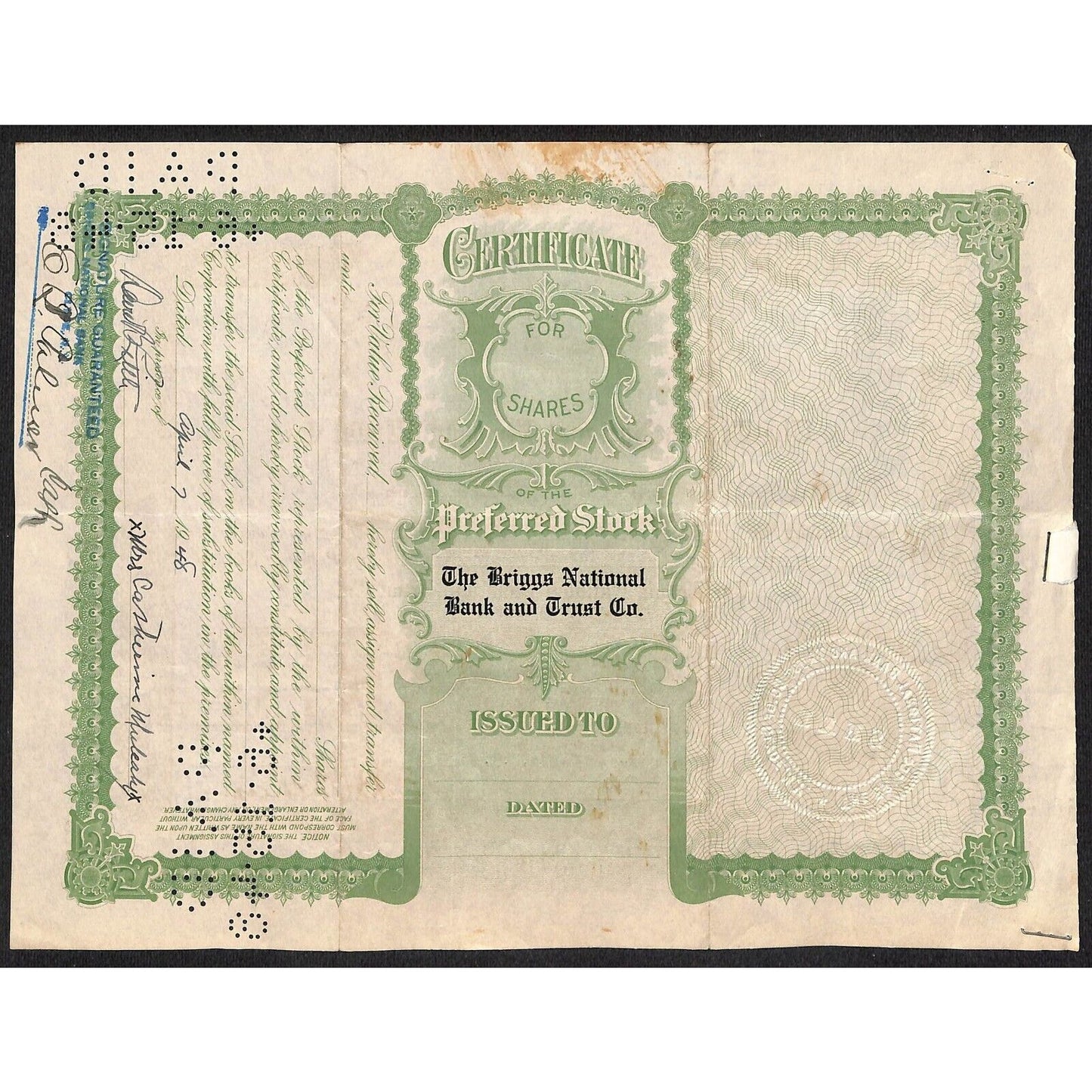 Briggs National Bank and Trust Clyde NY 1937 Stock Certificate Catherine Mulcahy