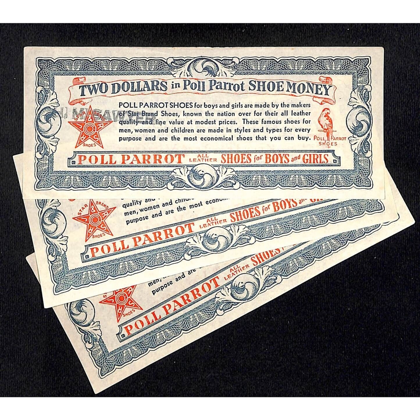 Poll Parrot Shoe Money Dealer $2 Off c1940's-50s Coupon Script 3pcs. VGC