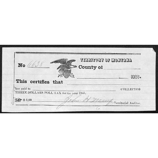 1865 Territory of Montana $3 Poll Tax Receipt #6638 VGC Scarce