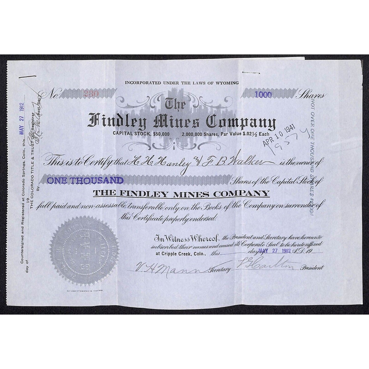 Findley Mines Co. 1912 Cripple Creek Stock Certificate w/ L.G. Carlton Sig. #230