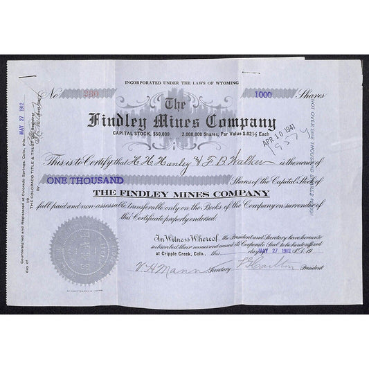 Findley Mines Co. 1912 Cripple Creek Stock Certificate w/ L.G. Carlton Sig. #230