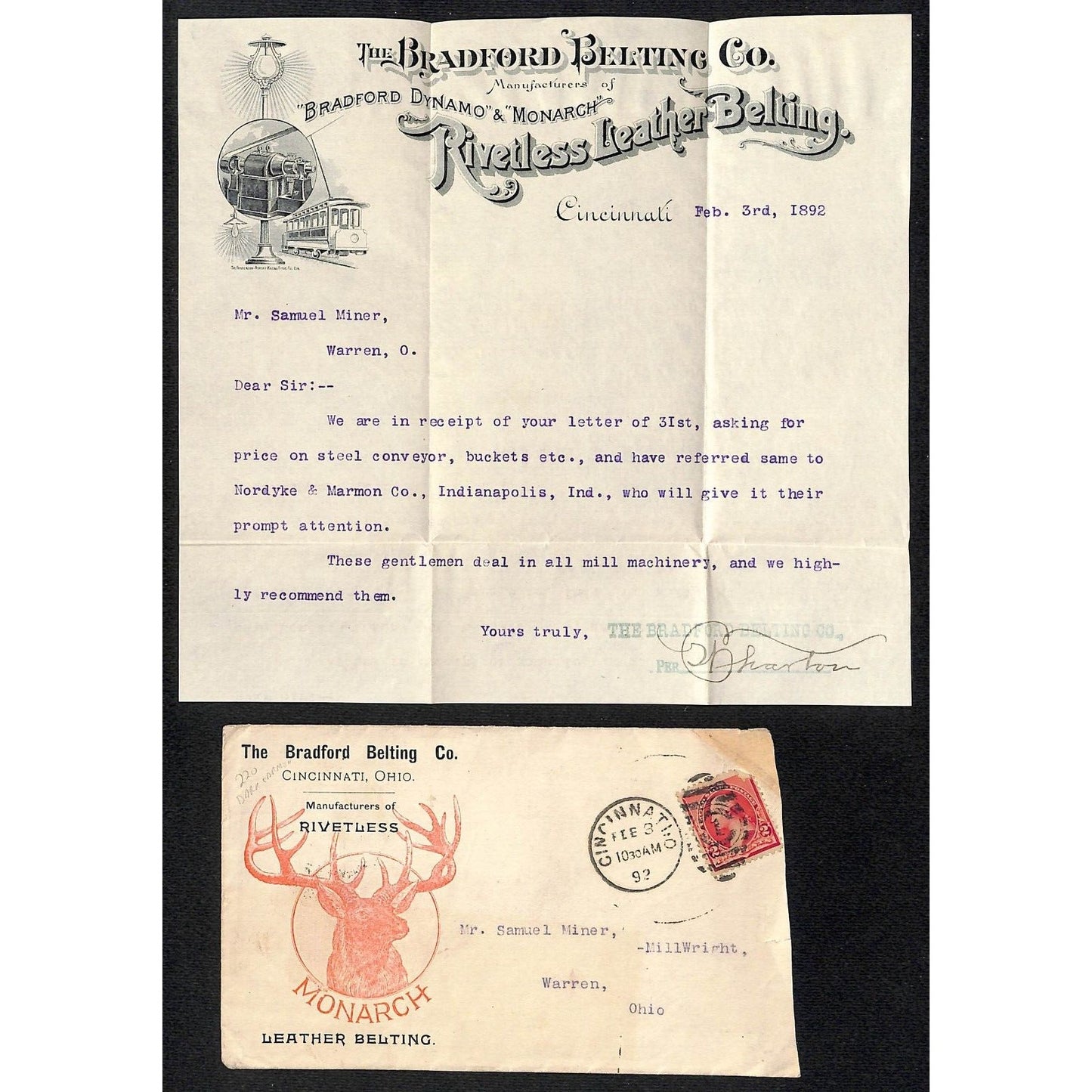 Bradford Belting Co. "Rivetless Leather" Cincinnati 1892 Letterhead & Cover VGC