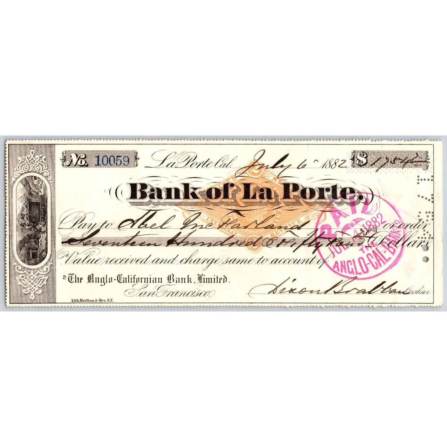 Bank of La Porte Check Abel McFarland 1882 Mining Vignette RN-G1 Rev Stamp 10059