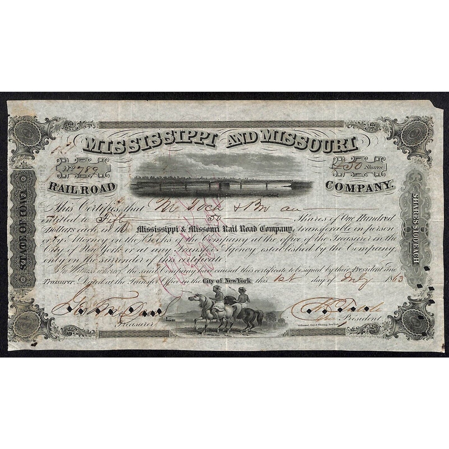 Mississippi and Missouri Railroad 1863 Stock Certificate #789 for 50 Shares