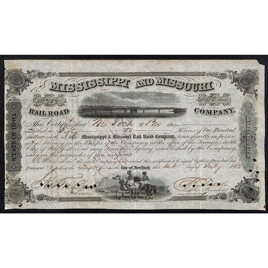 Mississippi and Missouri Railroad 1863 Stock Certificate #789 for 50 Shares