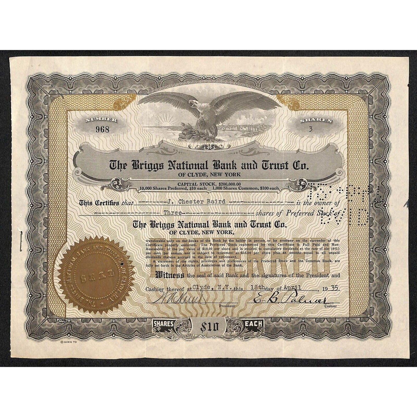 Briggs National Bank Trust Clyde, NY 1935 Stock Certificate to J. Chester Baird