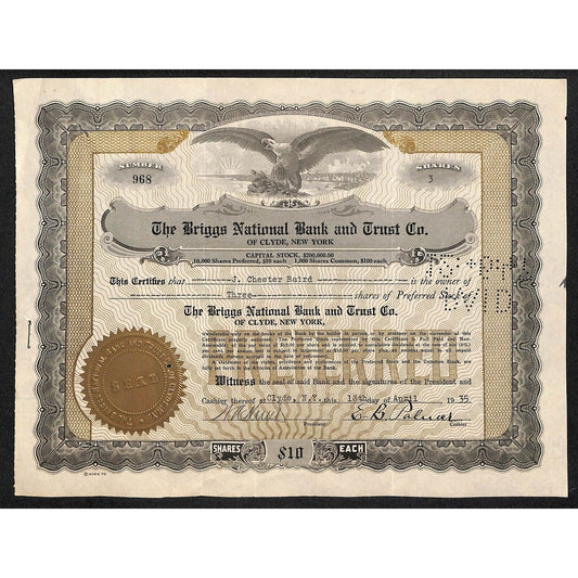 Briggs National Bank Trust Clyde, NY 1935 Stock Certificate to J. Chester Baird