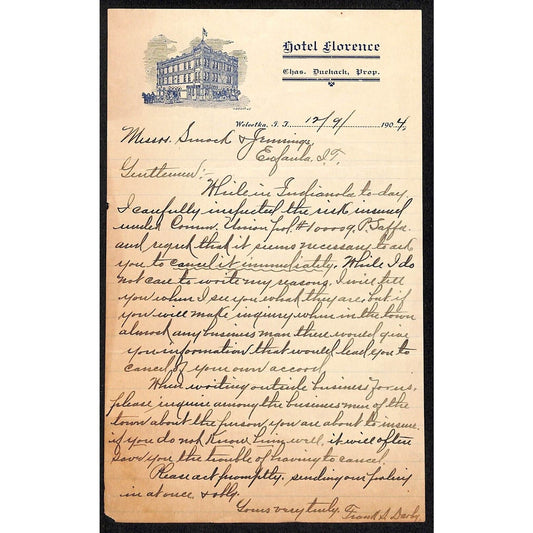 1904 Hotel Florence Weleetka, OK Indian Territory Stationary ALS Scarce
