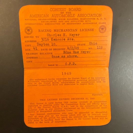 1949 AAA "Racing Mechanician License" "Charles Henry Meyer" ID Card - Scarce