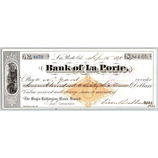 Bank of La Porte Check N. Gard 1878 Mining Vignette RN-G1 Rev Stamp 4470