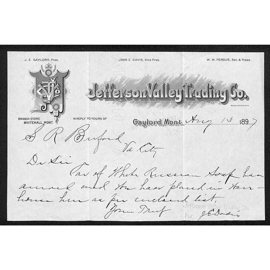 Gaylord, MT Jefferson Valley Trading Co. ALS Billhead Buford* Virginia City