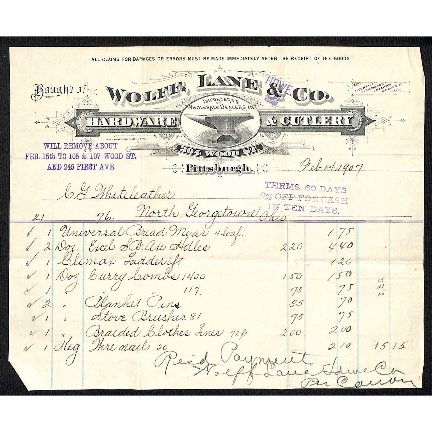 Wolff, Lane & Co. Hardware Pitts. 1907 Billhead Whiteleather* N. Georgetown , OH