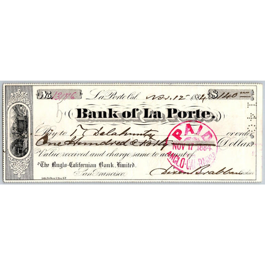 Bank of La Porte Check T. Delahunty 1884 Mining Vignette #13176