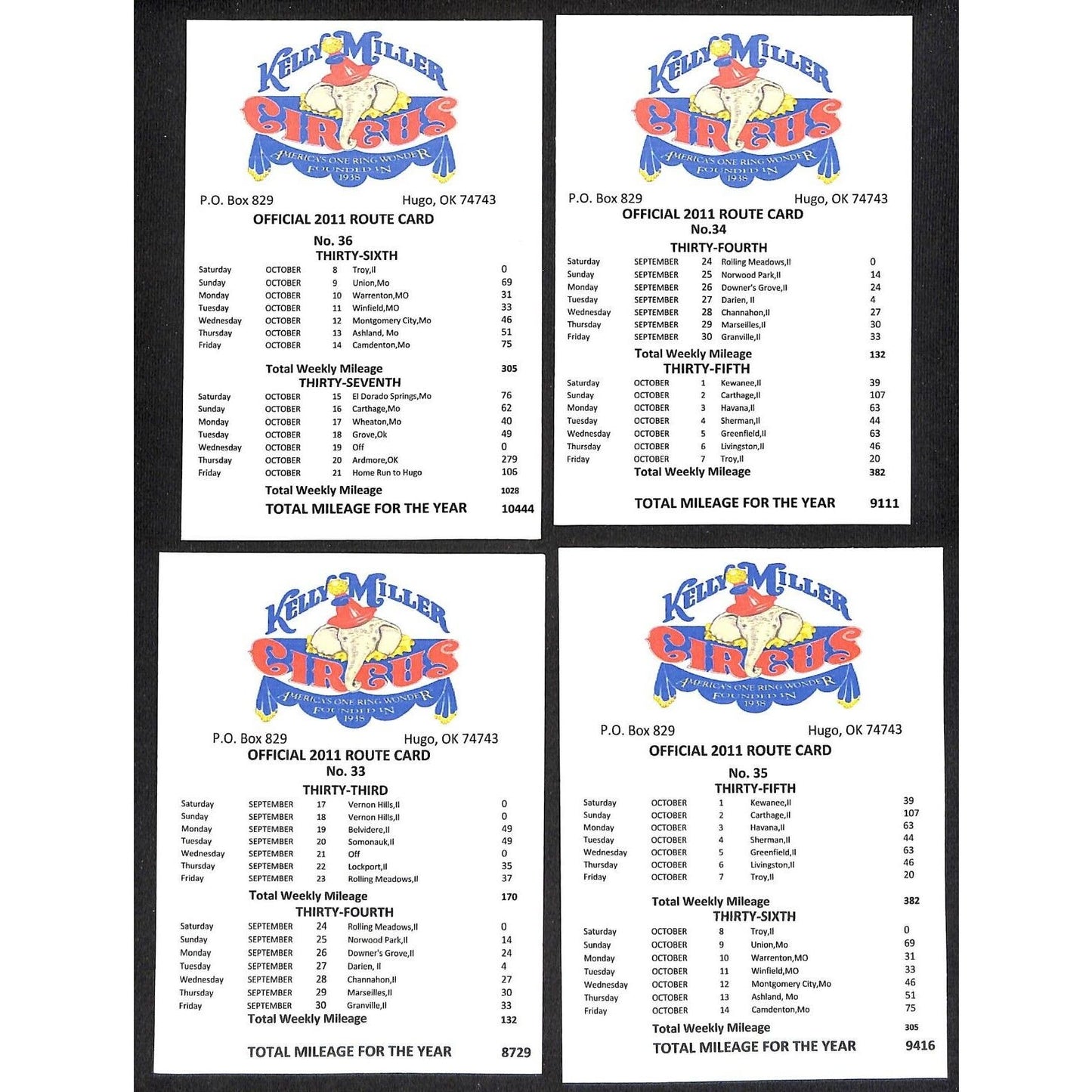 Kelly Miller Circus 4 2011 4" x 5 1/2" Route Cards VGC