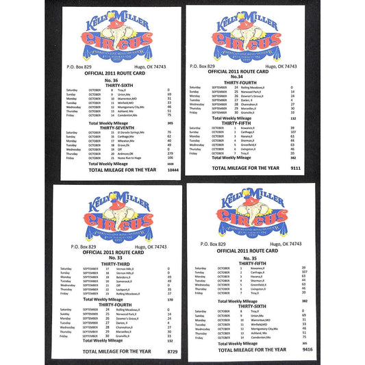 Kelly Miller Circus 4 2011 4" x 5 1/2" Route Cards VGC