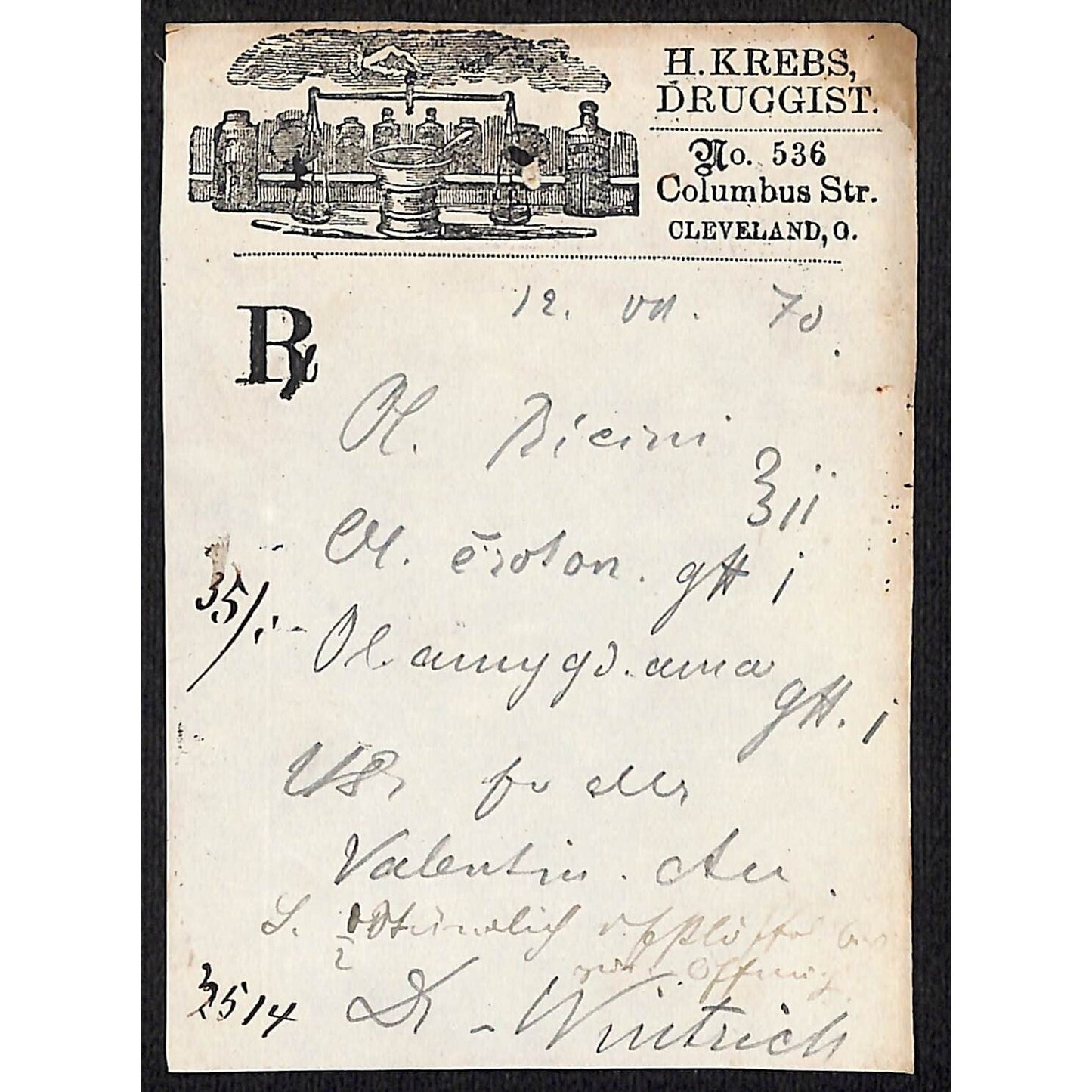 H. Krebs, Druggist Columbus St. Cleveland c1870's* Prescription #3514
