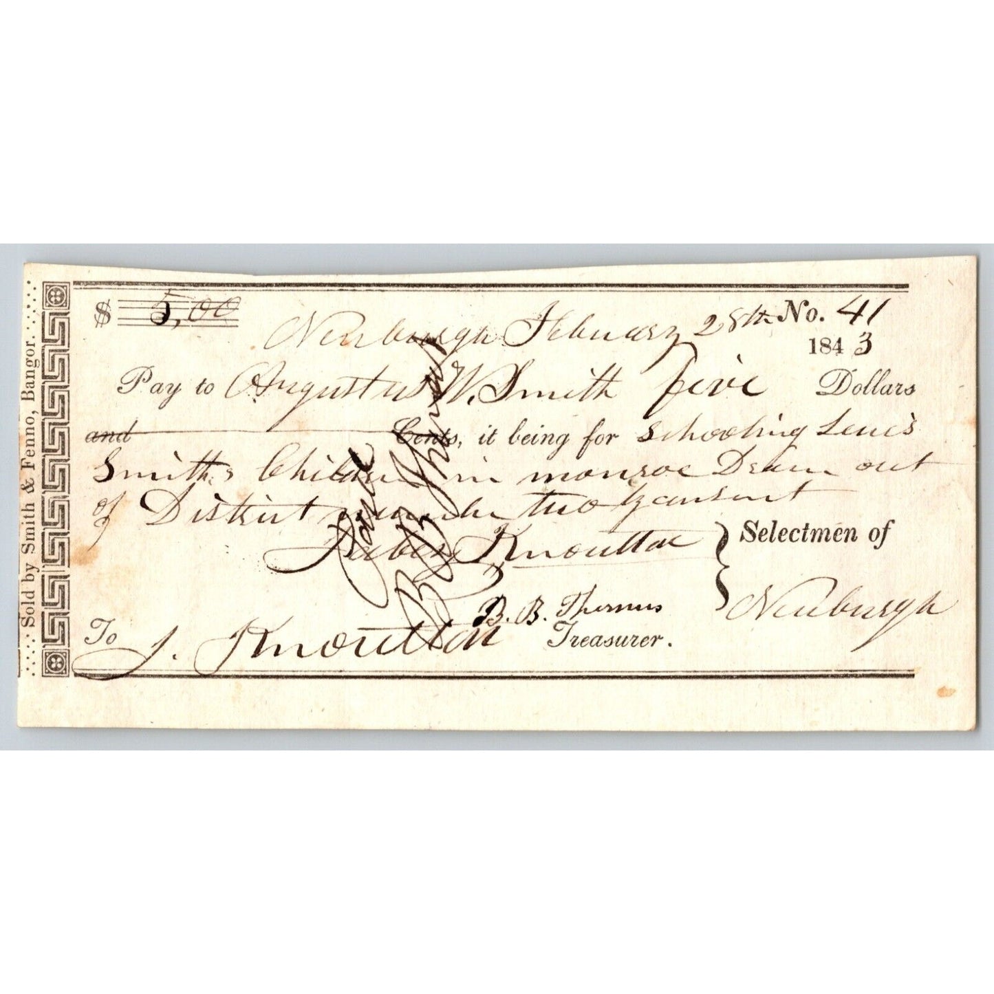 1843 Jabez Knowlton* Newburgh ME Town Check to Augustus W. Smith