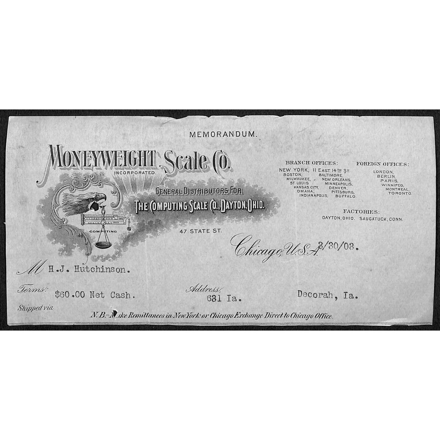 Moneyweight Scale Co. Chicago H.J. Hutchinson* Decorah Cut 1903 Billhead