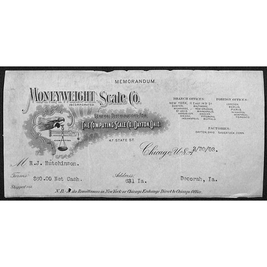 Moneyweight Scale Co. Chicago H.J. Hutchinson* Decorah Cut 1903 Billhead