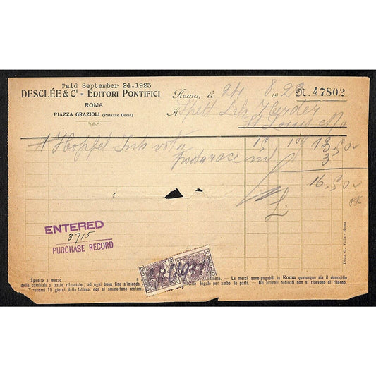 Desclée & Compagnie Rome Pontifical Publishers Sept 1923 Billhead Tax Stamps