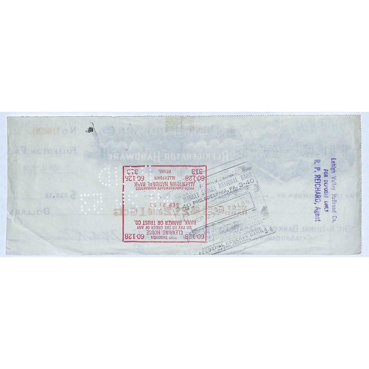 Dent Hardware Co. Refrigerator Fullerton, PA 1953 Bank Check w/ Vignette LV RR