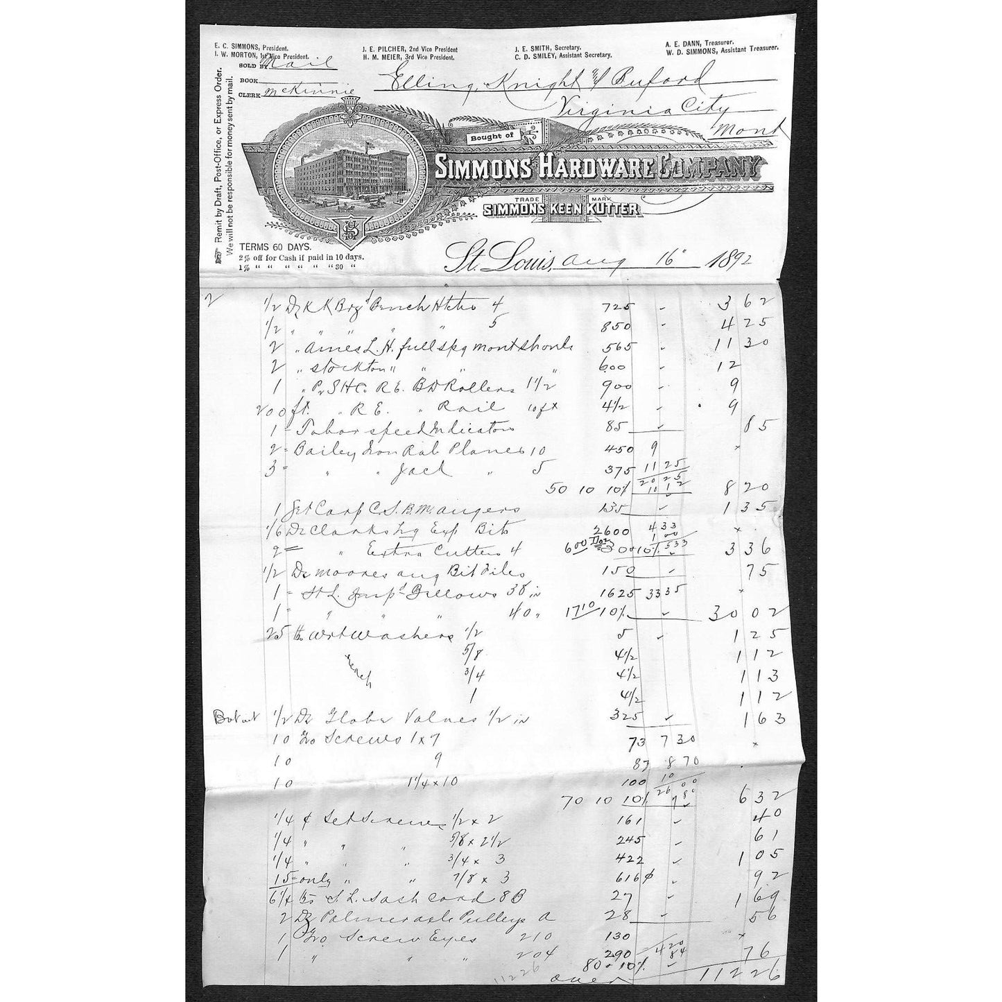St. Louis Simmons Hardware Keen Kutter 1892 Buford Elling Billhead + Cont. Page