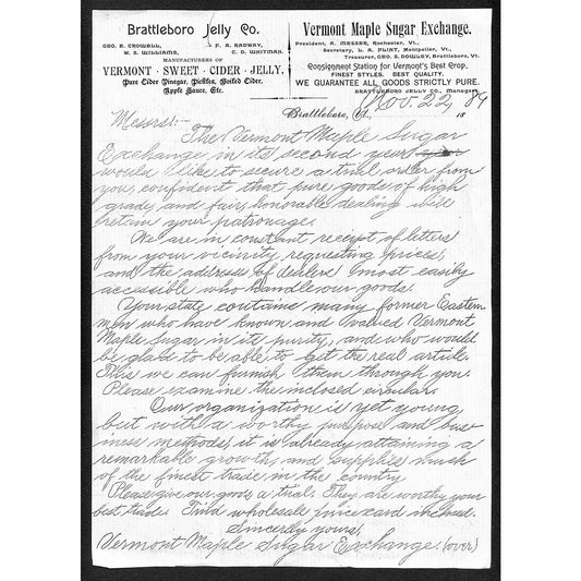 "Vermont Maple Syrup Exchange" Brattleboro Jelly Company 1889 2 Letterheads