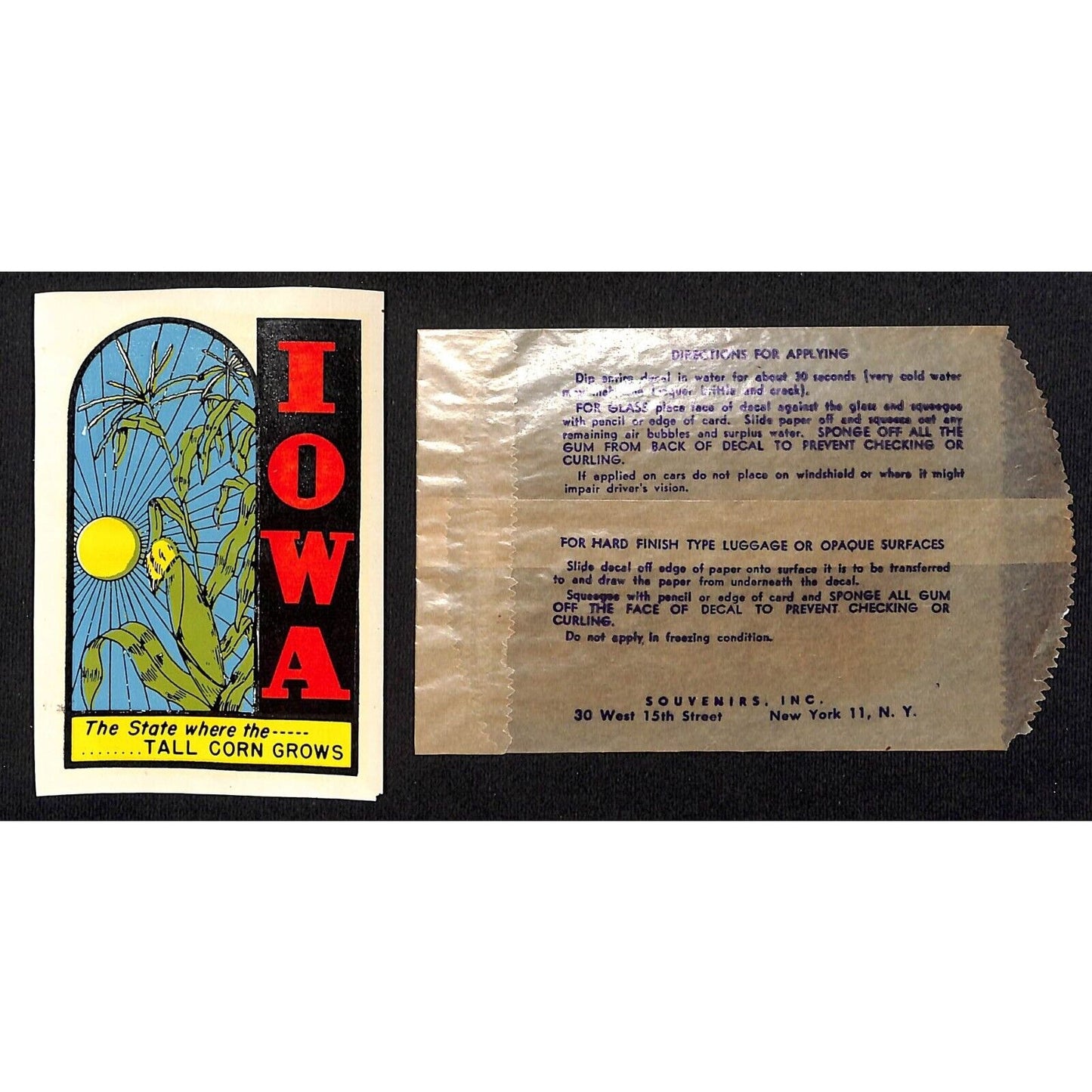 Iowa "Where the Tall Corn Grows" Water Transfer Decal Travel Souvenir - c1950's