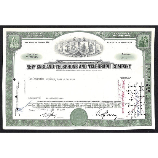 New England Telephone and Telegraph 1964 Stock Certificate Hope / Dirigo Vtg.