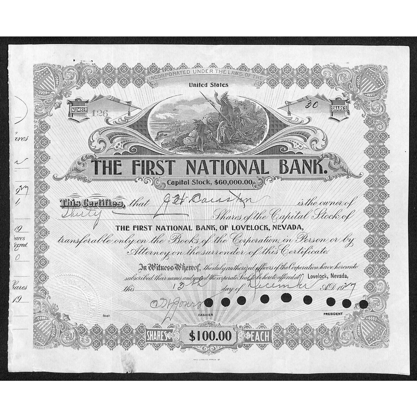 First National Bank of Lovelock, NV 1927 Stock Certificate to G.H. Cairslin ?
