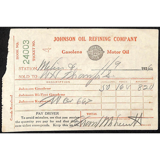 Johnson Oils Gasoline Kerosene 1926 W. H. Thompson Melvin IL Station Receipt #4