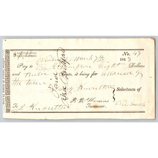 1843 Jabez Knowlton* Newburgh, ME Town Check / Draft to Wm. R. Simpson No. 47