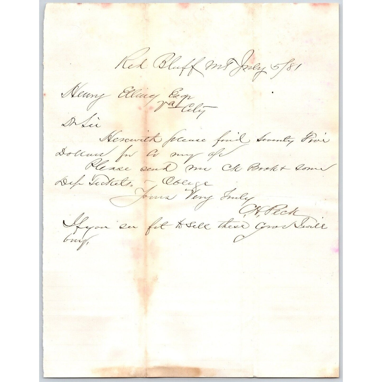 July 5 1881 C.H. Peck Red Bluff, MT ALS to Henry Elling* Virginia City, MT